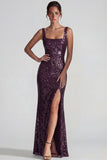 Paillettes, paillettes à col carré violet foncé, fourreau Longue robe formelle avec fente