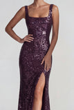 Paillettes, paillettes à col carré violet foncé, fourreau Longue robe formelle avec fente
