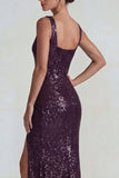 Paillettes, paillettes à col carré violet foncé, fourreau Longue robe formelle avec fente