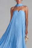 Robe formelle en chiffon bleu plissée à longues lignes avec ruban