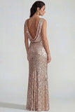 Sequins champagne Fourreau bateau Fourreau Longue robe formelle sans dos