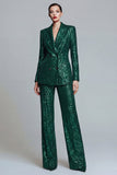 Costumes de bal pour femmes à revers pointu vert vert foncé Sequins Peak en deux pièces à double boutonnage