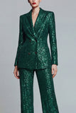 Costumes de bal pour femmes à revers pointu vert vert foncé Sequins Peak en deux pièces à double boutonnage
