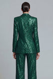 Costumes de bal pour femmes à revers pointu vert vert foncé Sequins Peak en deux pièces à double boutonnage