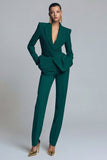 Costume d'affaires femme 2 pièces vert foncé revers pointe avec ceinture