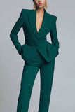 Costume d'affaires femme 2 pièces vert foncé revers pointe avec ceinture