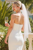 Robe de mariée Midi sans bretelles en satin blanc avec fermeture éclair arrière