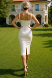 Robe de mariée Midi blanche à col carré en satin avec boutons