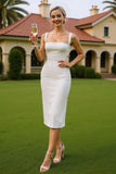 Robe de mariée Midi blanche à col carré en satin avec boutons