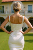 Robe de mariée Midi blanche à col carré en satin avec boutons