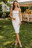 Robe de mariée Midi bodycon sans bretelles en dentelle blanche avec fermeture éclair arrière