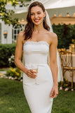 Robe de mariée Midi bodycon sans bretelles en dentelle blanche avec fermeture éclair arrière