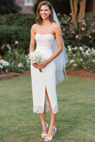 Robe de mariée Midi en dentelle blanche sans bretelles avec fente