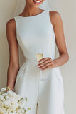 Costumes de mariage à col bateau blanc en satin A Line Long