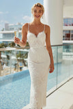 Robe longue de mariée en latelle, bretelles fines blanches