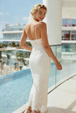 Robe longue de mariée en latelle, bretelles fines blanches