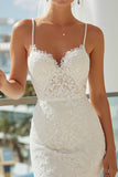 Robe longue de mariée en latelle, bretelles fines blanches
