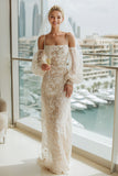 Robe de mariée longue à épaules froides en lacette abricot avec manches