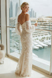 Robe de mariée longue à épaules froides en lacette abricot avec manches