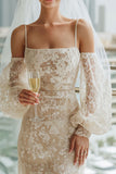 Robe de mariée longue à épaules froides en lacette abricot avec manches