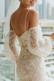 Robe de mariée longue à épaules froides en lacette abricot avec manches