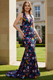 Robe longue de bal en forme de sirène fleur noire avec nœud nu-de-l’œil