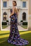 Robe longue de bal en forme de sirène fleur noire avec nœud nu-de-l’œil