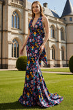 Robe longue de bal en forme de sirène fleur noire avec nœud nu-de-l’œil