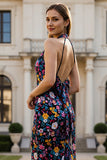 Robe longue de bal en forme de sirène fleur noire avec nœud nu-de-l’œil