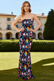 Robe de bal longue décapotable fourreau sans bretelles en fleur noire