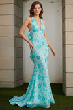 Robe longue de bal de promo imprimée sirène verte avec nœud de promo