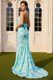 Robe longue de bal de promo imprimée sirène verte avec nœud de promo