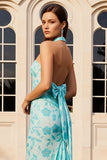 Robe longue de bal de promo imprimée sirène verte avec nœud de promo