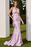 Robe longue de bal de promo à fleurs sirène lilas lilas avec nœud de promo