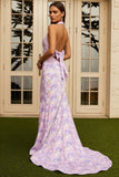 Robe longue de bal de promo à fleurs sirène lilas lilas avec nœud de promo