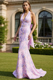 Robe longue de bal de promo à fleurs sirène lilas lilas avec nœud de promo