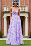 Robe de bal longue à bretelles fines florales lilas avec des fleurs 3D