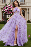 Robe de bal longue en fleurs de fin d’année en fil lilas en ligne A découpée en 3D avec fente