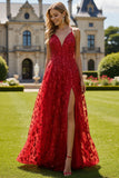 Robe de bal longue rouge à col en V à paillettes et enfilée