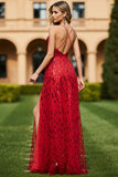 Robe de bal longue rouge à col en V à paillettes et enfilée