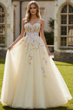 Robe longue de bal en A-line jaune clair à bretelles fines brodées en tulle