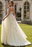 Robe longue de bal en A-line jaune clair à bretelles fines brodées en tulle