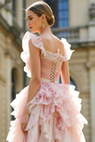 Longue robe de bal de promo découpée en ligne à volants fleur à fard à volants avec nœuds