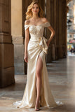 Robe de bal longue en satin satin à épaules dénudées, sirène de fin d’année, fendue