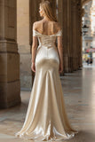 Robe de bal longue en satin satin à épaules dénudées, sirène de fin d’année, fendue