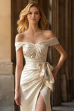 Robe de bal longue en satin satin à épaules dénudées, sirène de fin d’année, fendue
