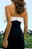 Robe formelle fourreau froncée noire et blanche sans bretelles