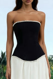 Robe formelle A Line Strapless Noir et Blanc avec perles