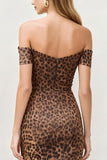 Robe de travail midi bodycon bodycon léopard marron à épaules dénudées avec fente dans le dos