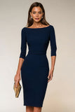 Robe professionnelle midi bleu marine col bâteau manches 3/4 coupe ajustée